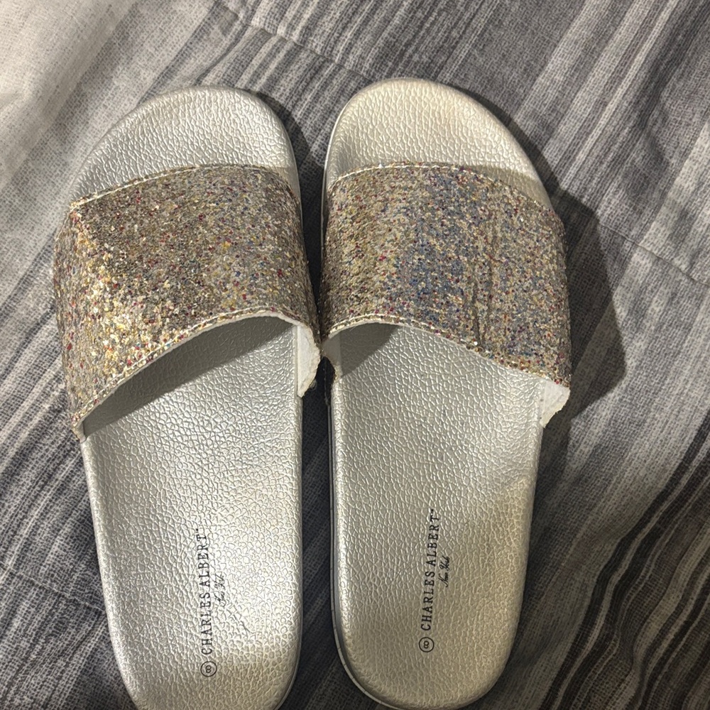 Charles & Keith Silver Glitter Slide Sandals